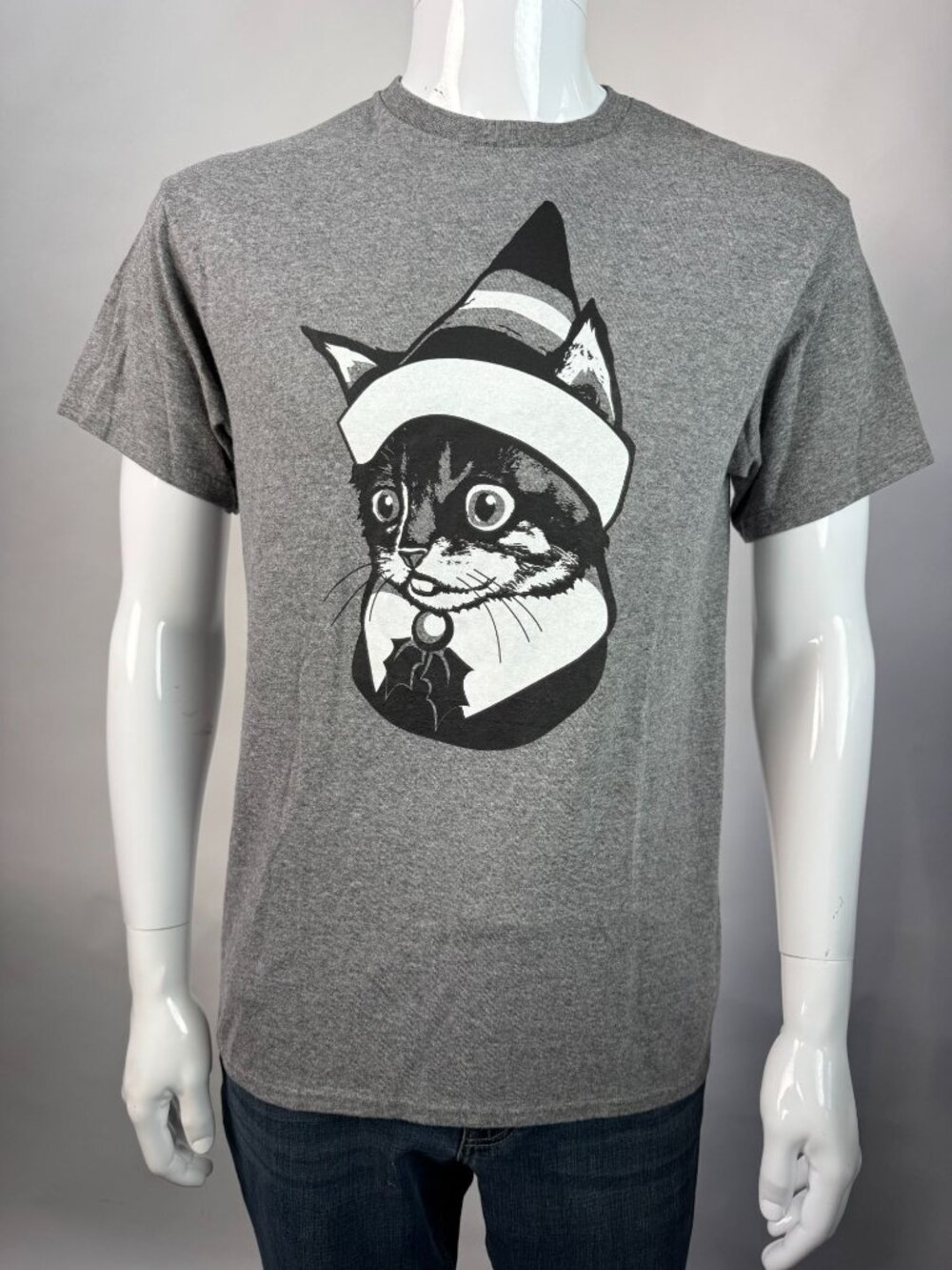 Cat In Holiday Hat Graphic Tee Delta Pro Weight M Gray Cotton/Poly Blend